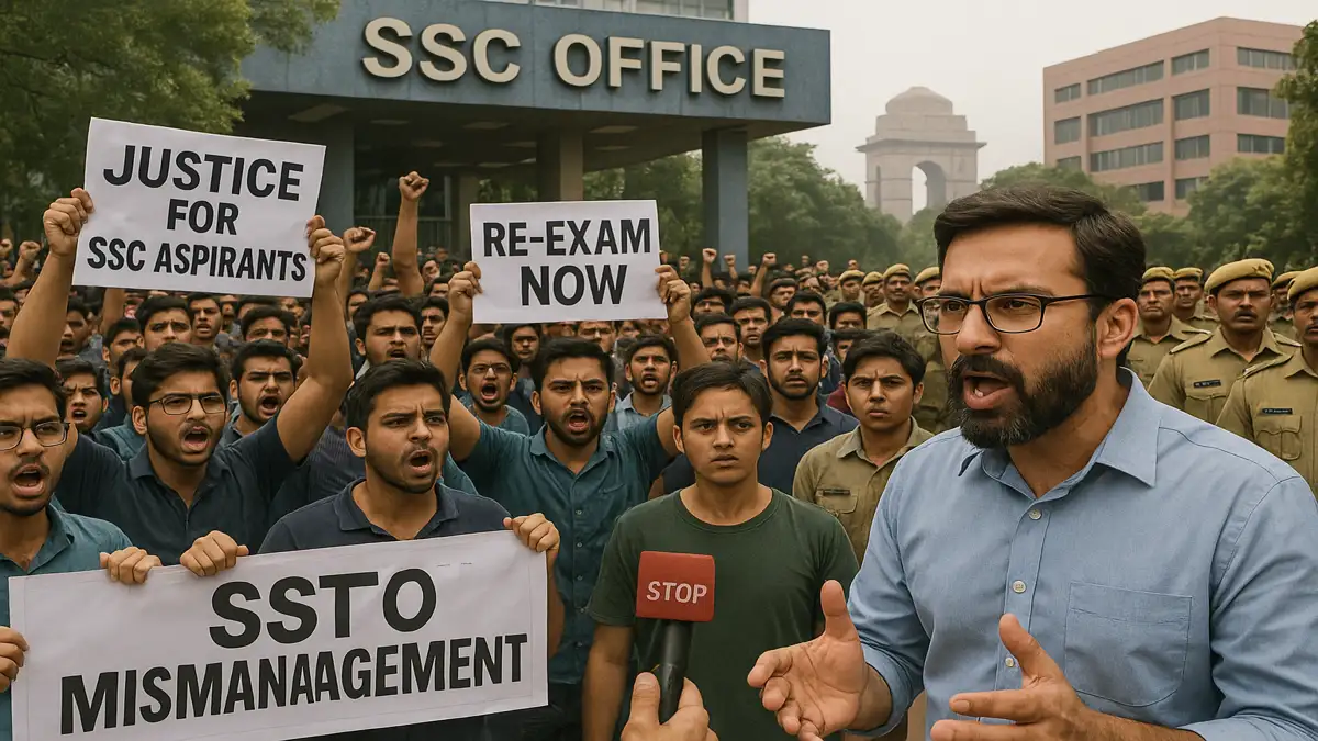 SSC Protest 2025 में छात्रों का जंतर-मंतर मार्च, हाथों में पोस्टर और मीडिया से बात करते शिक्षक की तस्वीर